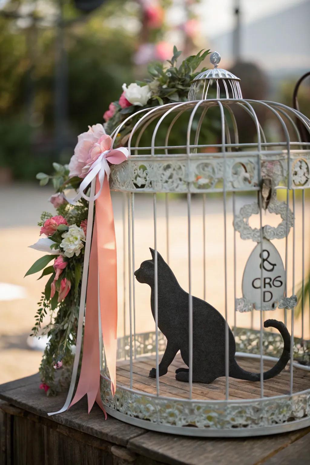 Artistic decorations personalize the cat enclosure with distinct flair.