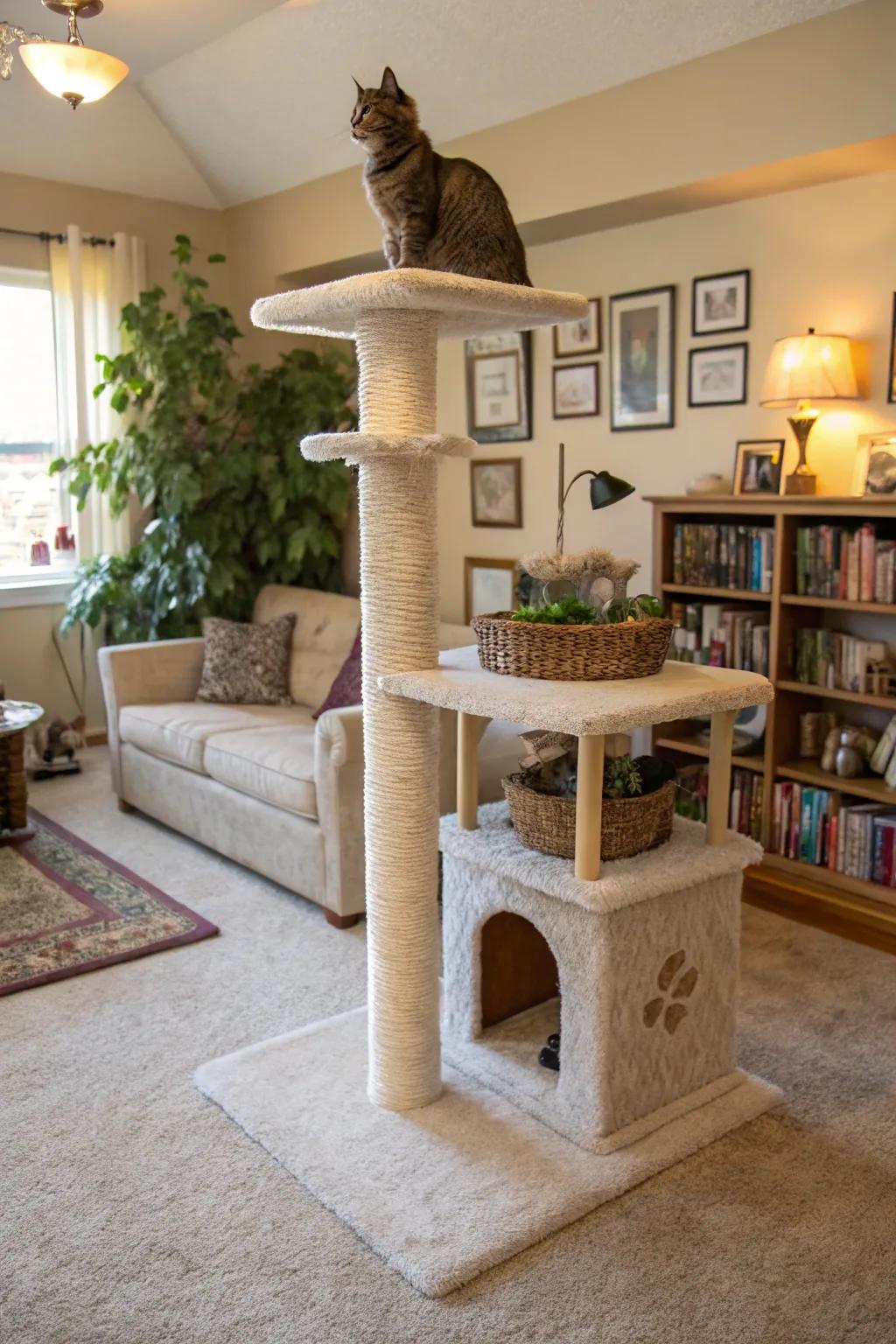 A carpeted tree offers a soft, comfortable surface for your cats.
