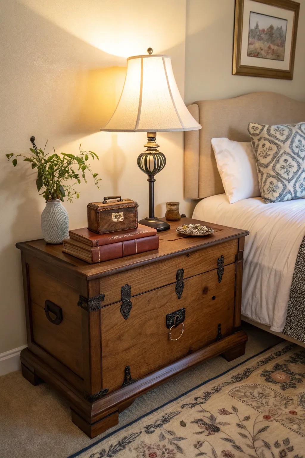 A blanket chest offers a charming alternative to a traditional nightstand.