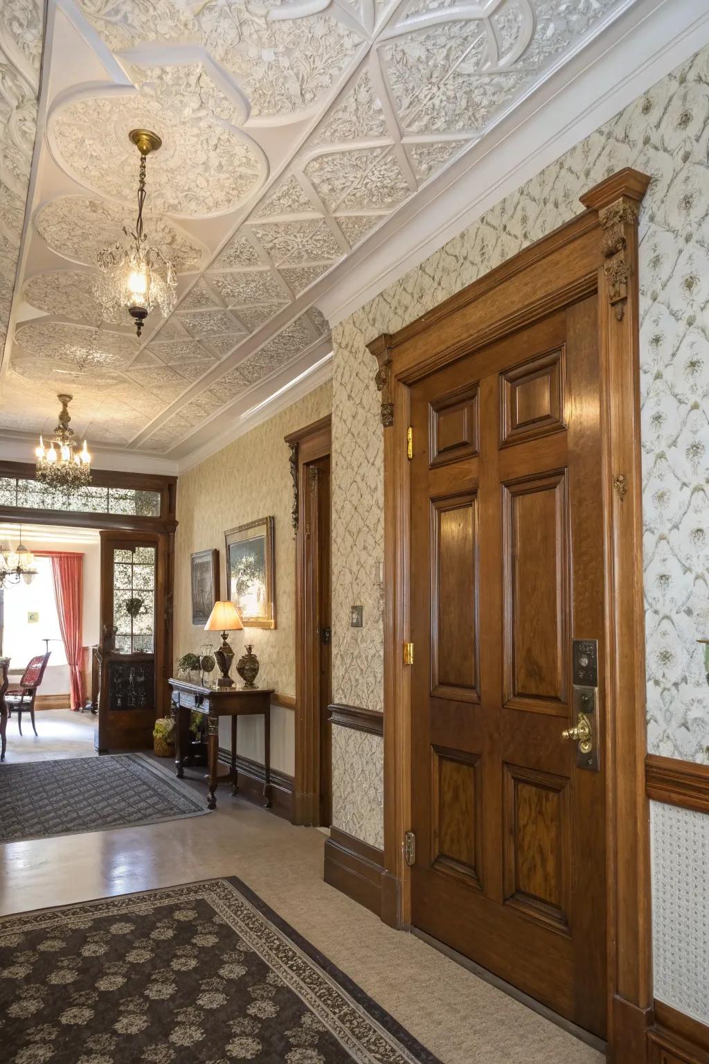 An entrance featuring embossed pattern ceiling squares for classic allure.