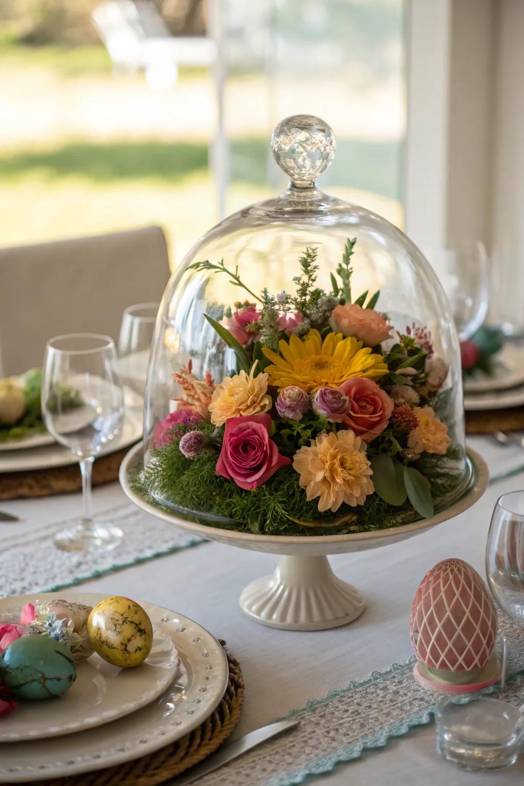 Dramatic elegance using a crystal protector centerpiece base.