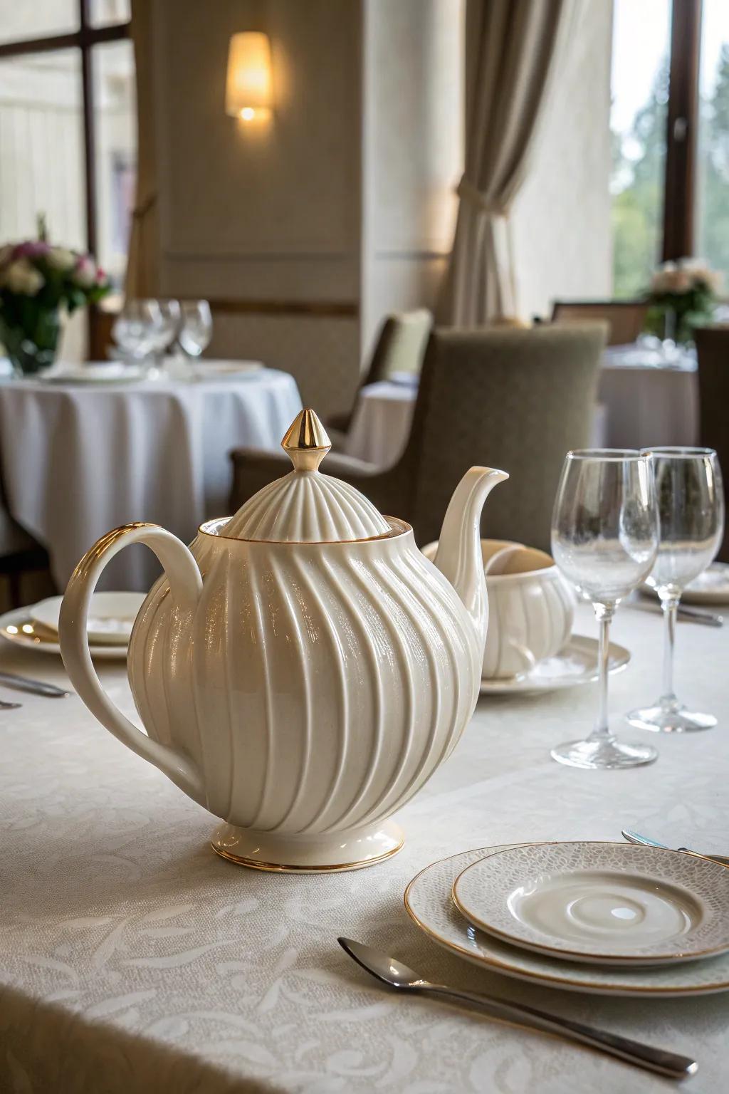 Sculptural artistry characterizes this teapot as a piece of art.