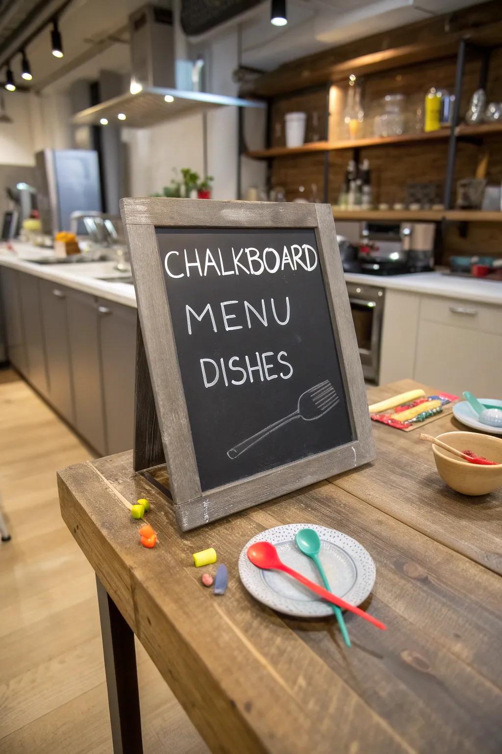 3D elements like mini utensils add a playful touch to this kitchen's chalkboard menu.