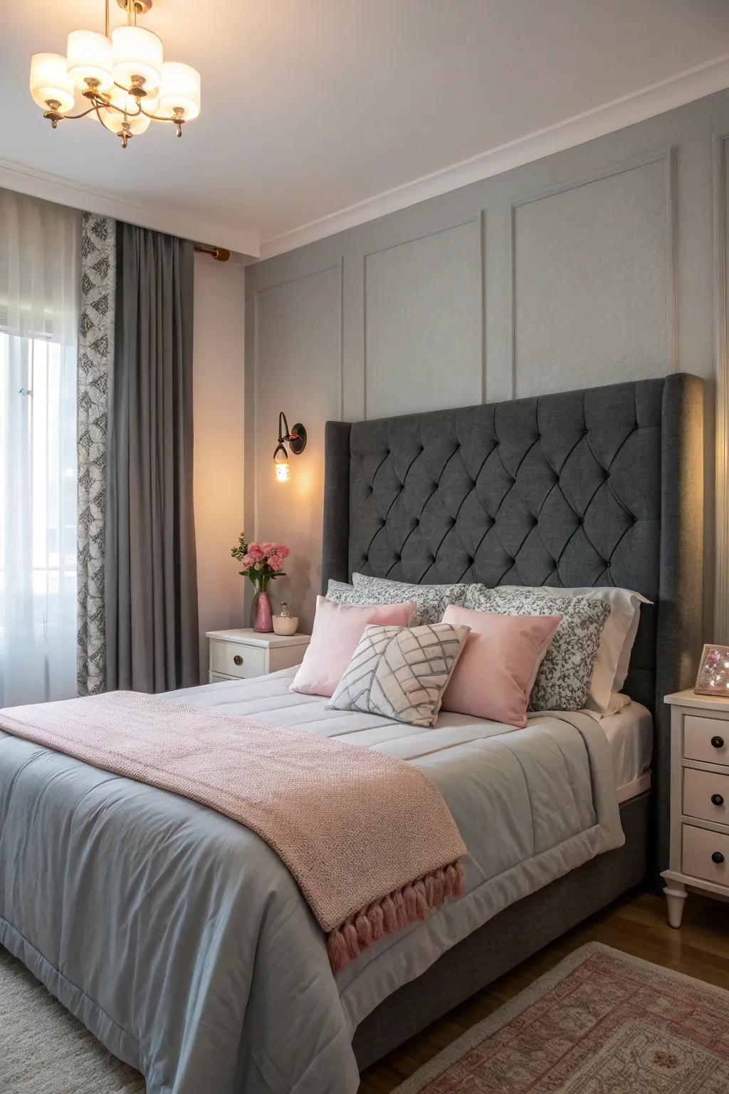 Pastel highlights soften and romanticize a deep grey headboard setting.