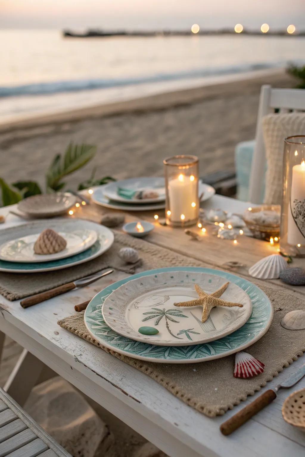 For a refreshing seaside-inspired table, use seashell charger plates.