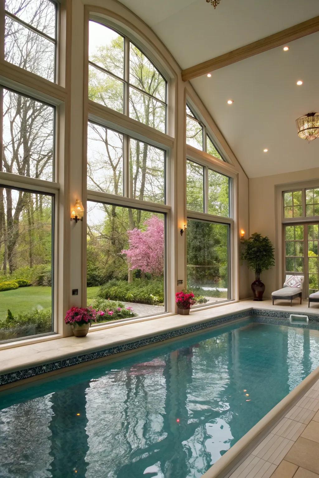 The view of nature enhances the indoor pool experience.