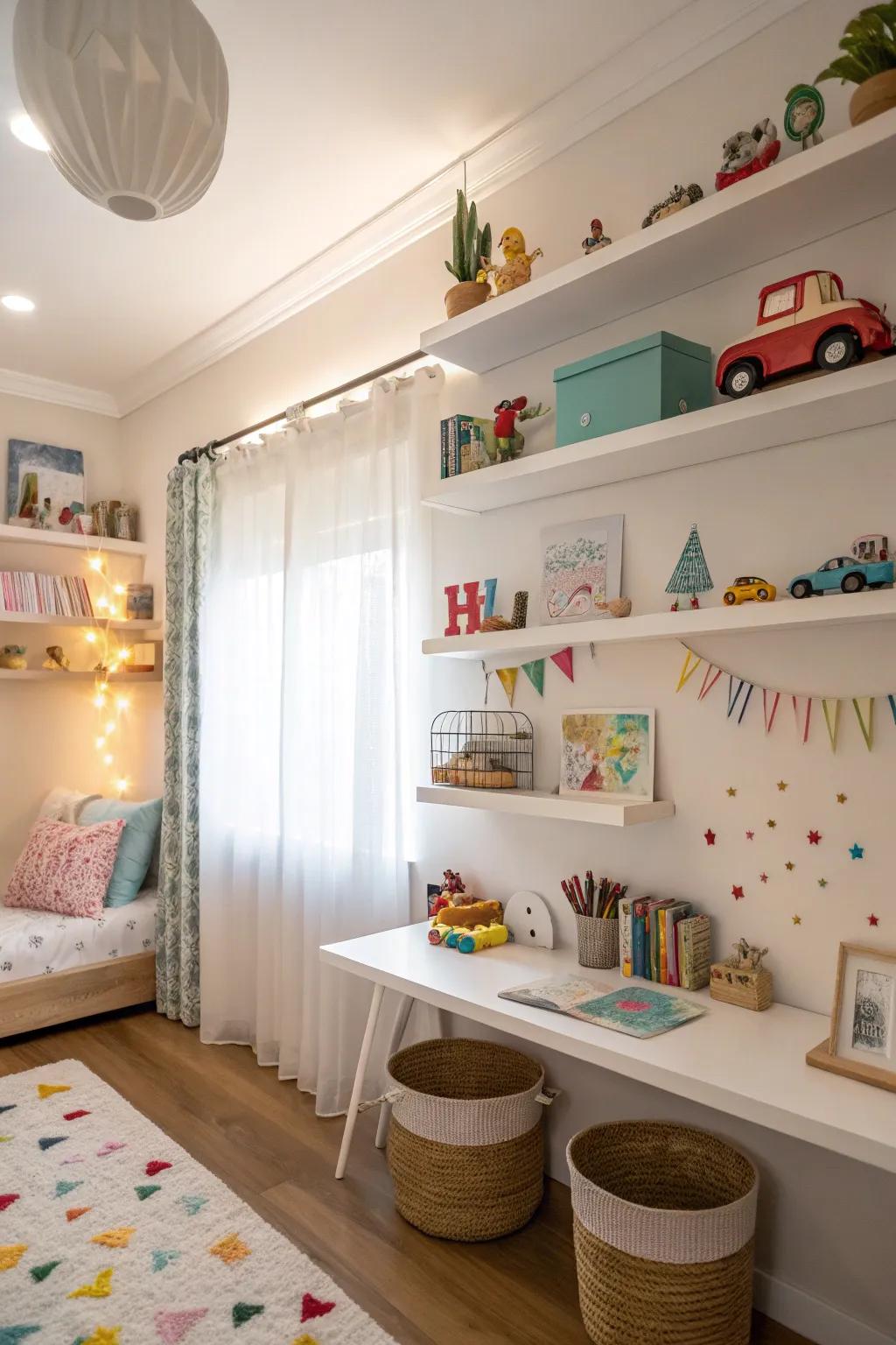 Suspended shelves maximize wall area for storage.