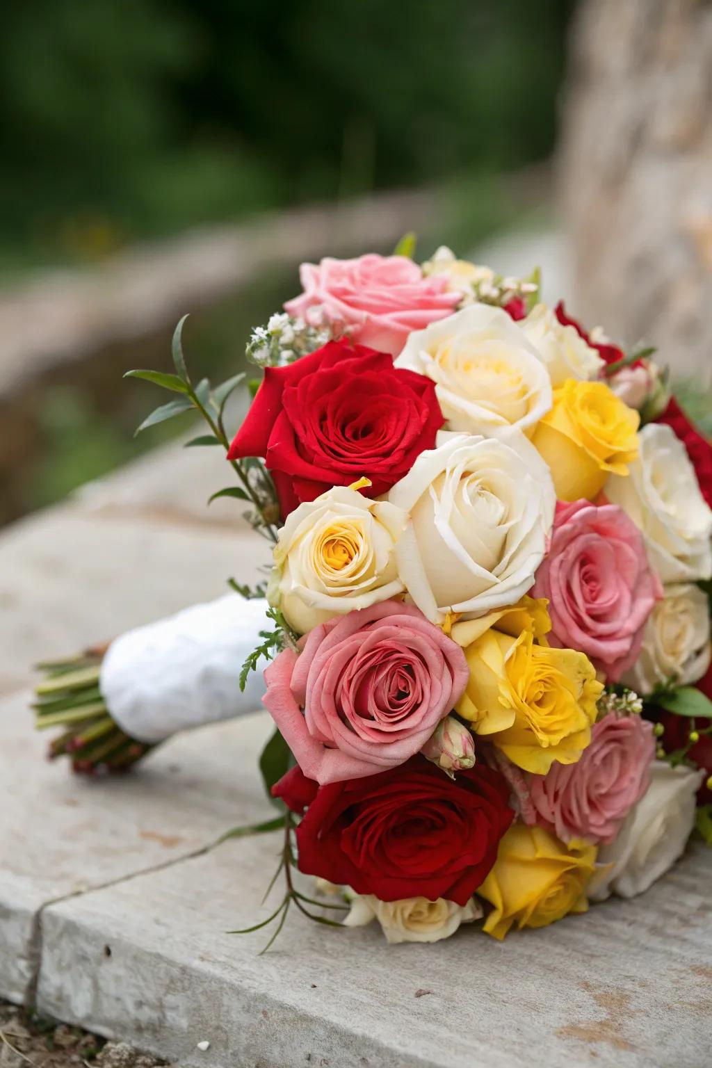 Traditional and budget-conscious wedding bouquet featuring roses.