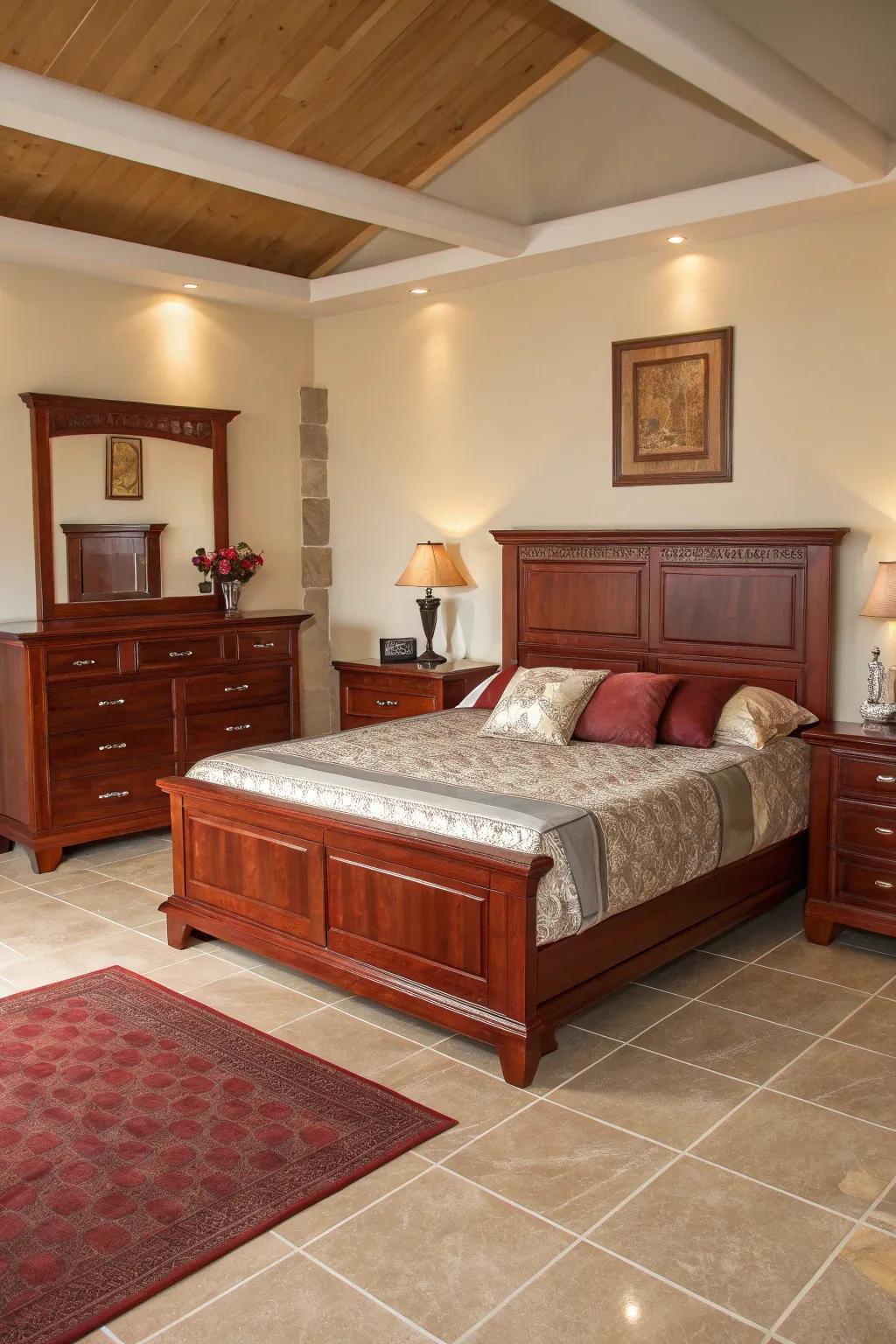 Symmetrical placements forging equilibrium in a maple wood bedroom.