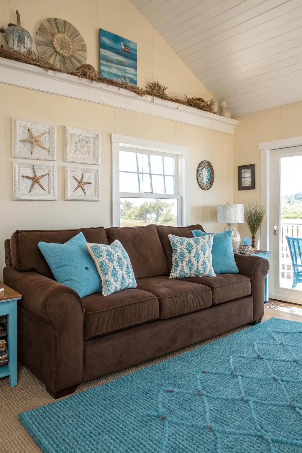 Coastal comfort is achieved with deep hues that complement a cocoa sofa.