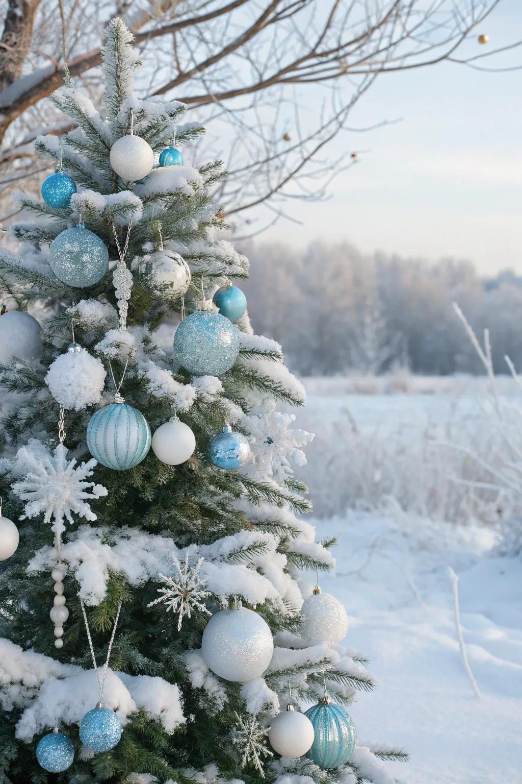 A hibernal wonderland Christmas bauble tree with enthralling snowy decorations.