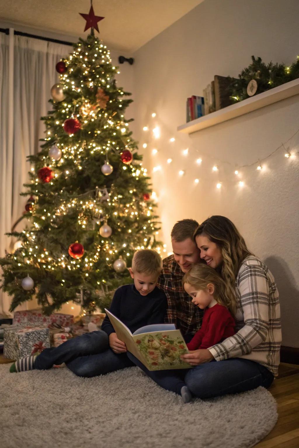 Family savoring storytime next to the Christmas tree.