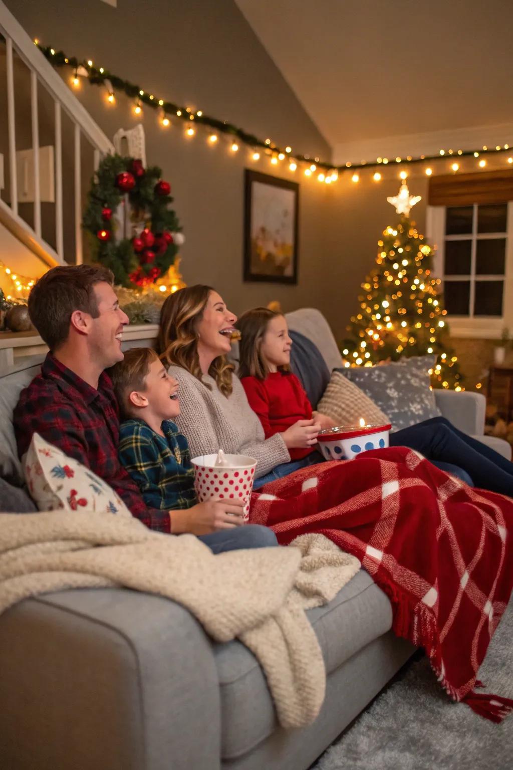 A family enjoying a cozy holiday cinematic evening, surrounded by festive decorations.