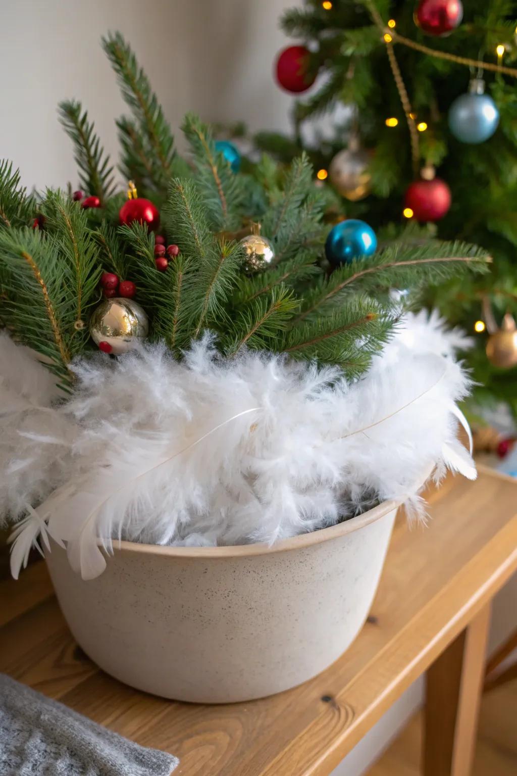 Feathers contribute a nuance of sophistication and softness to containers.