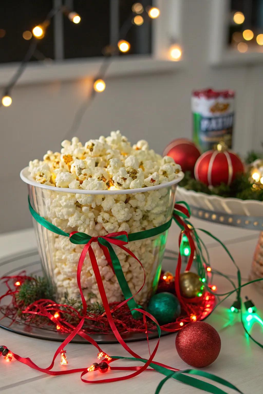 A popcorn garland contributes a playful, nostalgic accent.