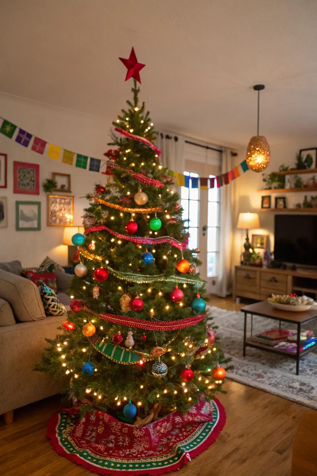 A spirited Christmas tree showcasing celebration-themed decorative items and vivid string lights, introducing a festive flair to the holidays.