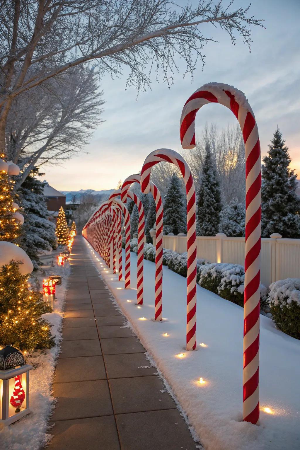 A walkway lined with festive candy cane stakes.