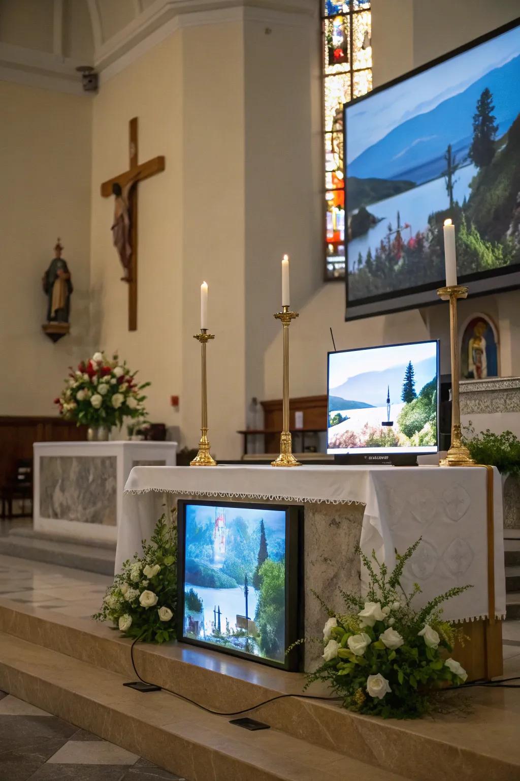 An altar enhanced by digital shows presenting peaceful and inspirational visuals.