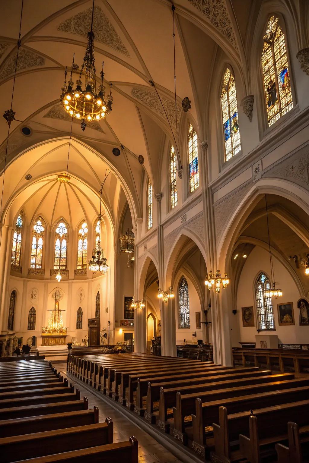 Church interior with encompassing lighting.
