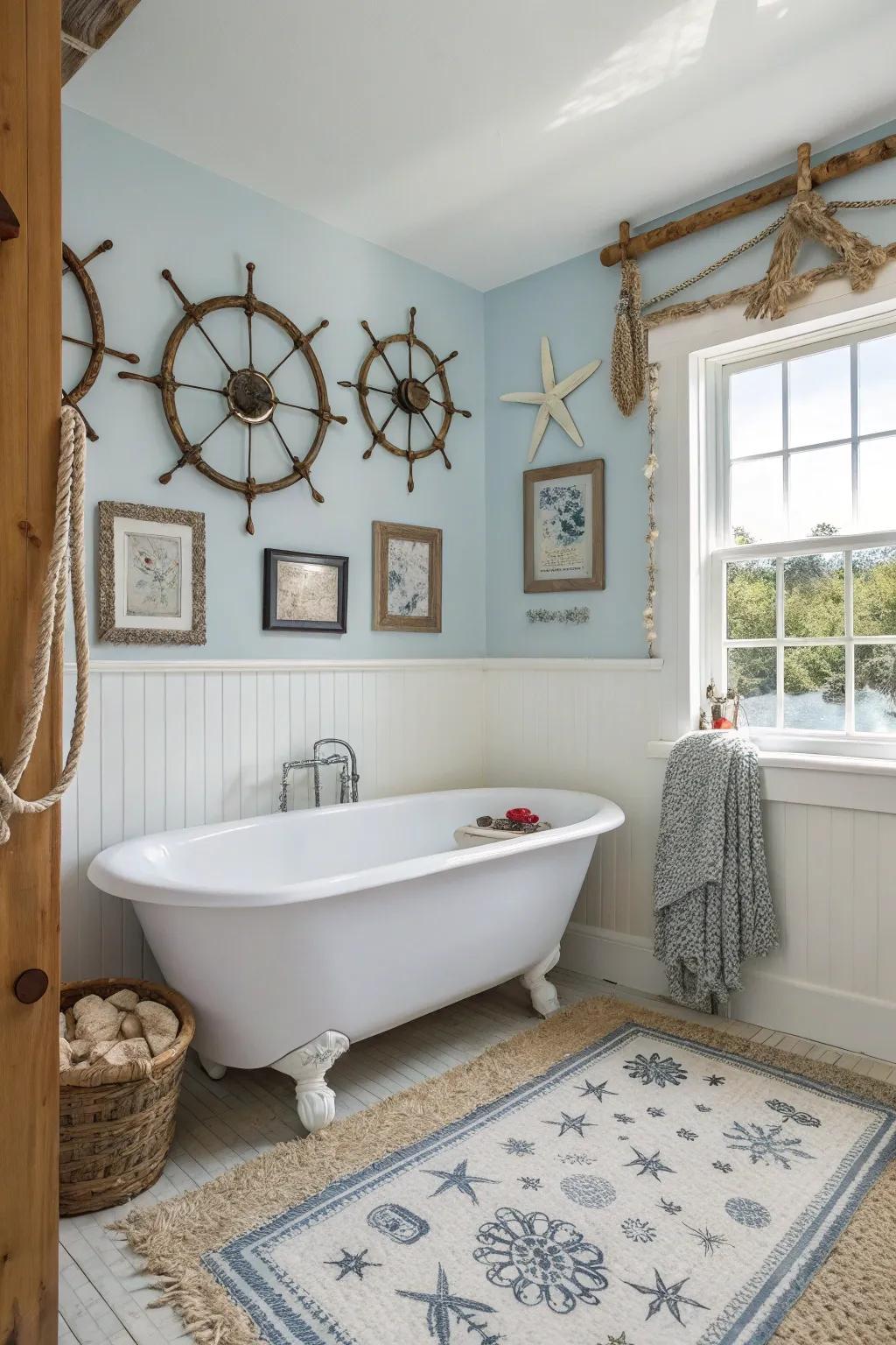 A coastal bathroom where colors and decor evoke the tranquility of the sea.