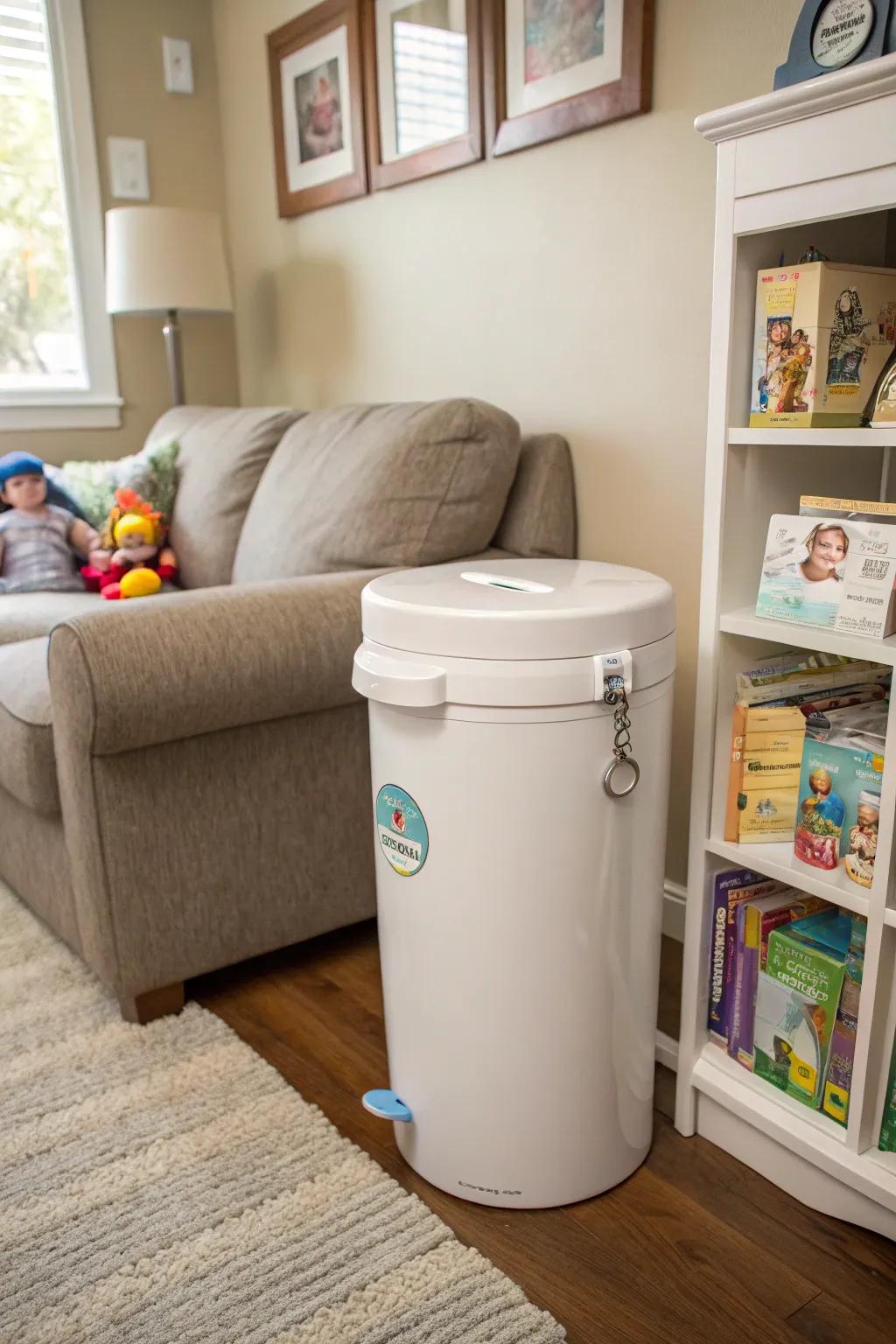 A childproof nappy container guarantees safety and averts unplanned messes in a family residence.