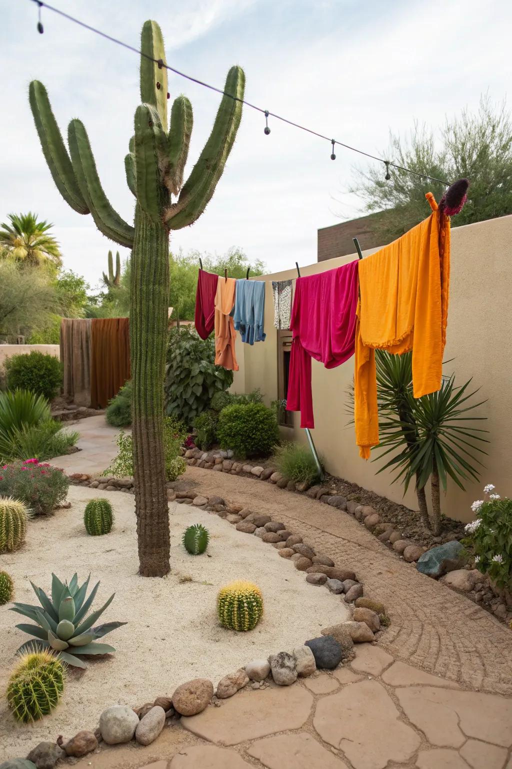 A fun clothesline shaped like a cactus adds character to the garden.
