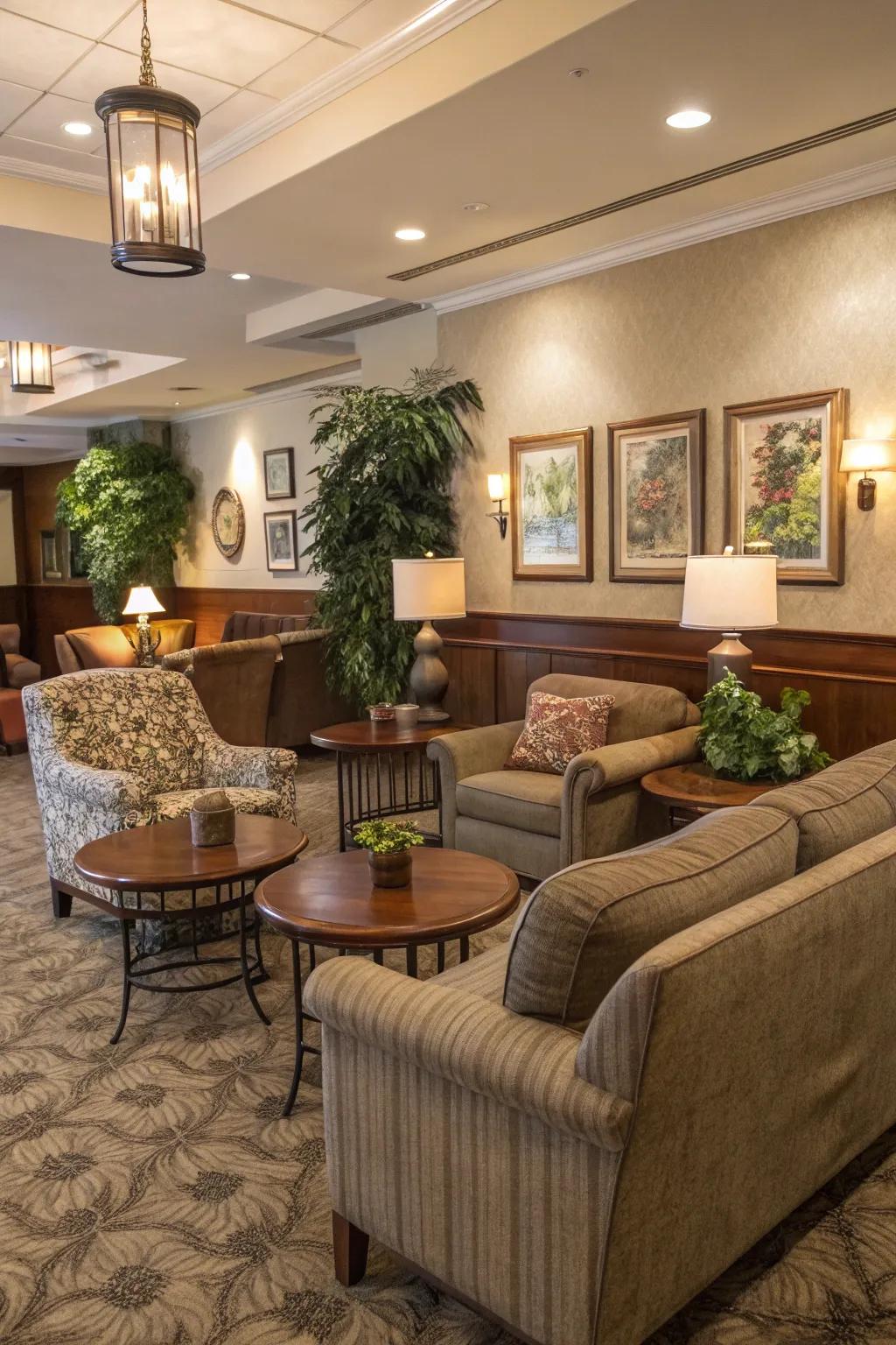 Appealing social zones encouraging gatherings in a clubhouse.