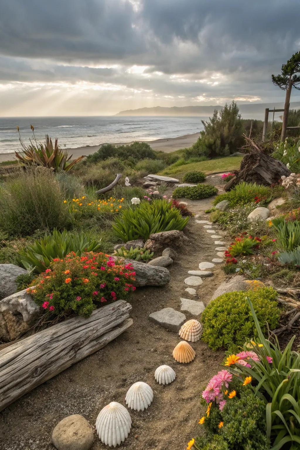 Beachcomber treasures add a personal element to a coastal garden.
