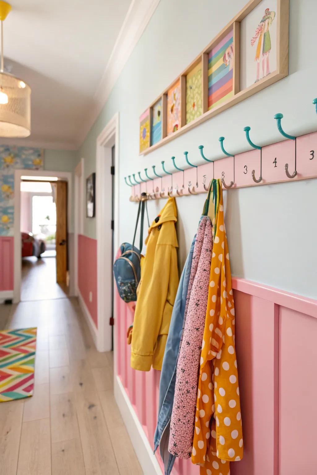 A vibrant peg rail coat rack, contributing a playful and cheerful element to the corridor.