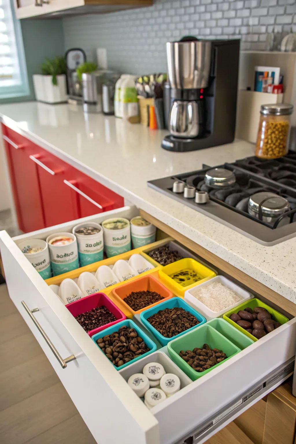 Color-coded containers make organization visually appealing and practical.