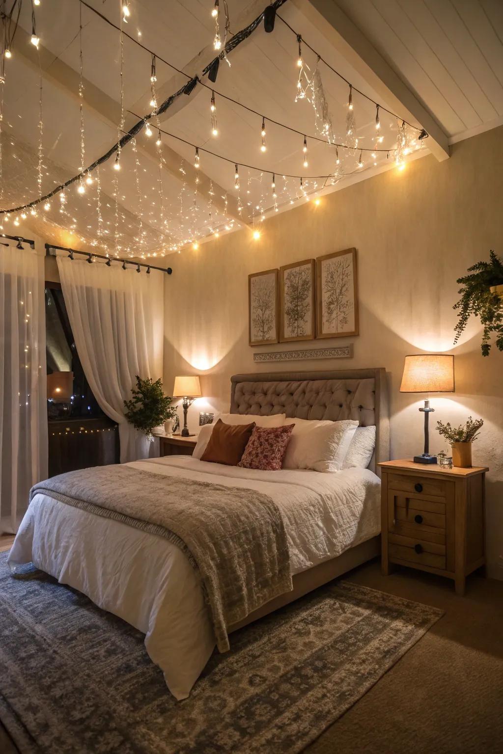 Tiered illumination sets the mood and adds depth to this color-saturated bedroom.