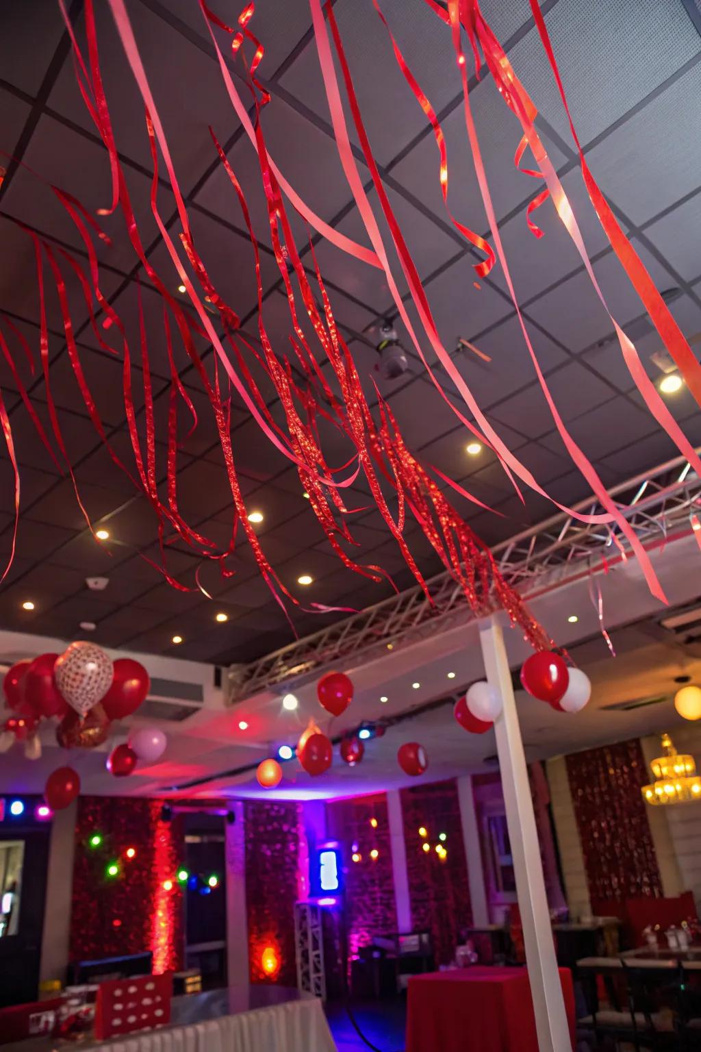 An eye-catching red streamer overhead decor setting the festive mood.