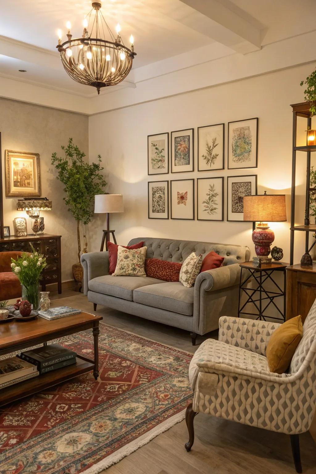A blend of modern and vintage elements crafts an eclectic yet harmonious living space.
