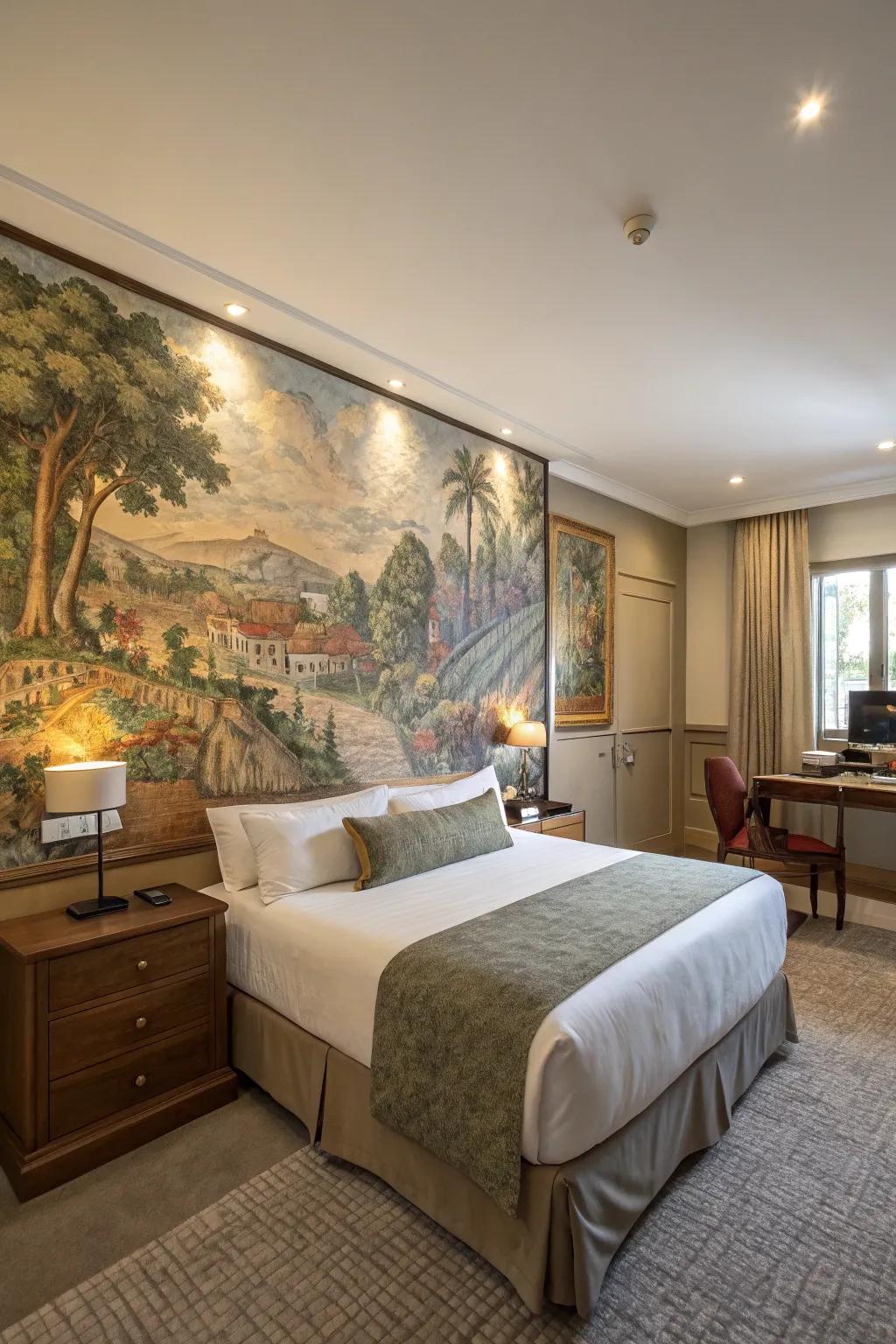 An artistic mural transforms this bedroom into a creative sanctuary.