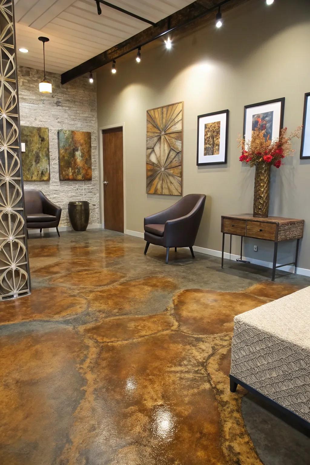 Acid-stained concrete floors offer a distinctive, artistic finish.