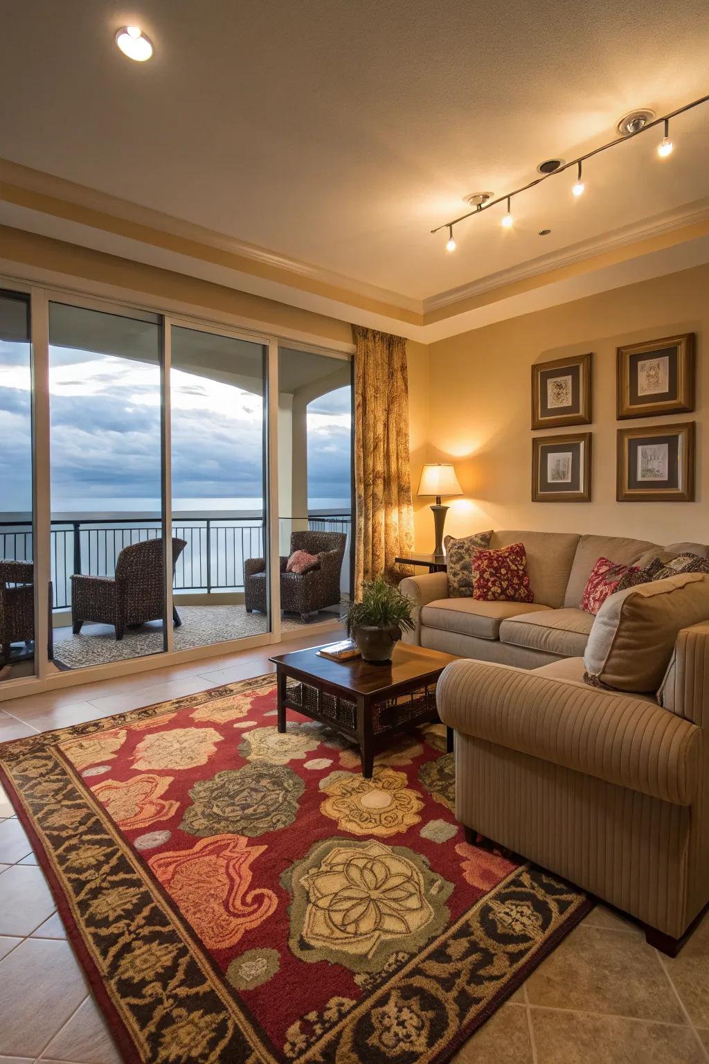 Area floor coverings creating cozy zones in a condo living space.