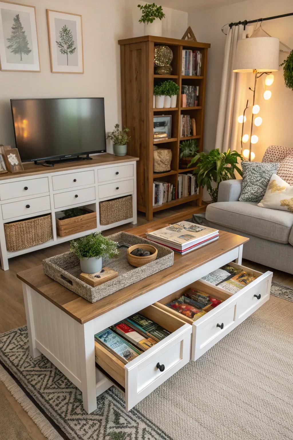 A tidy and fashionable living room is made possible by clever space-saving solutions.