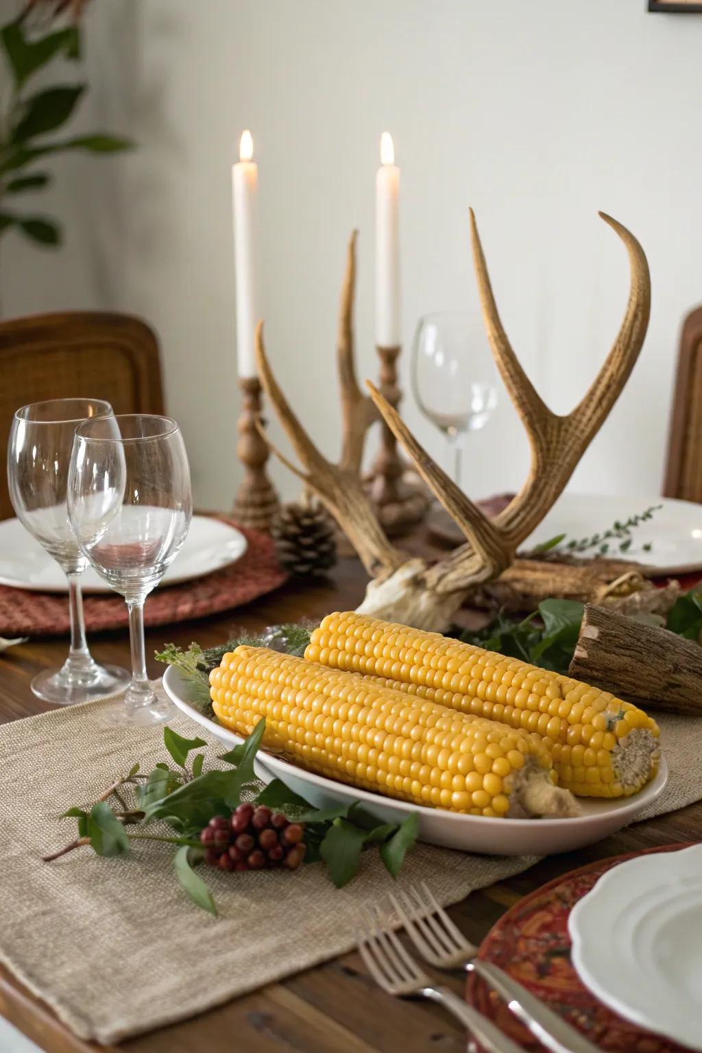 A countryside yet sophisticated tablescape featuring field maize and antlers.