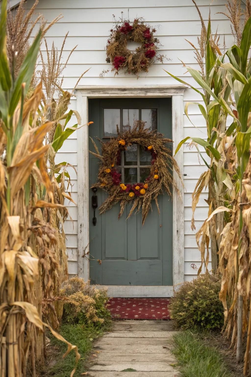 Celebrate the season with a cohesive corn stalk and chaplet arrangement.