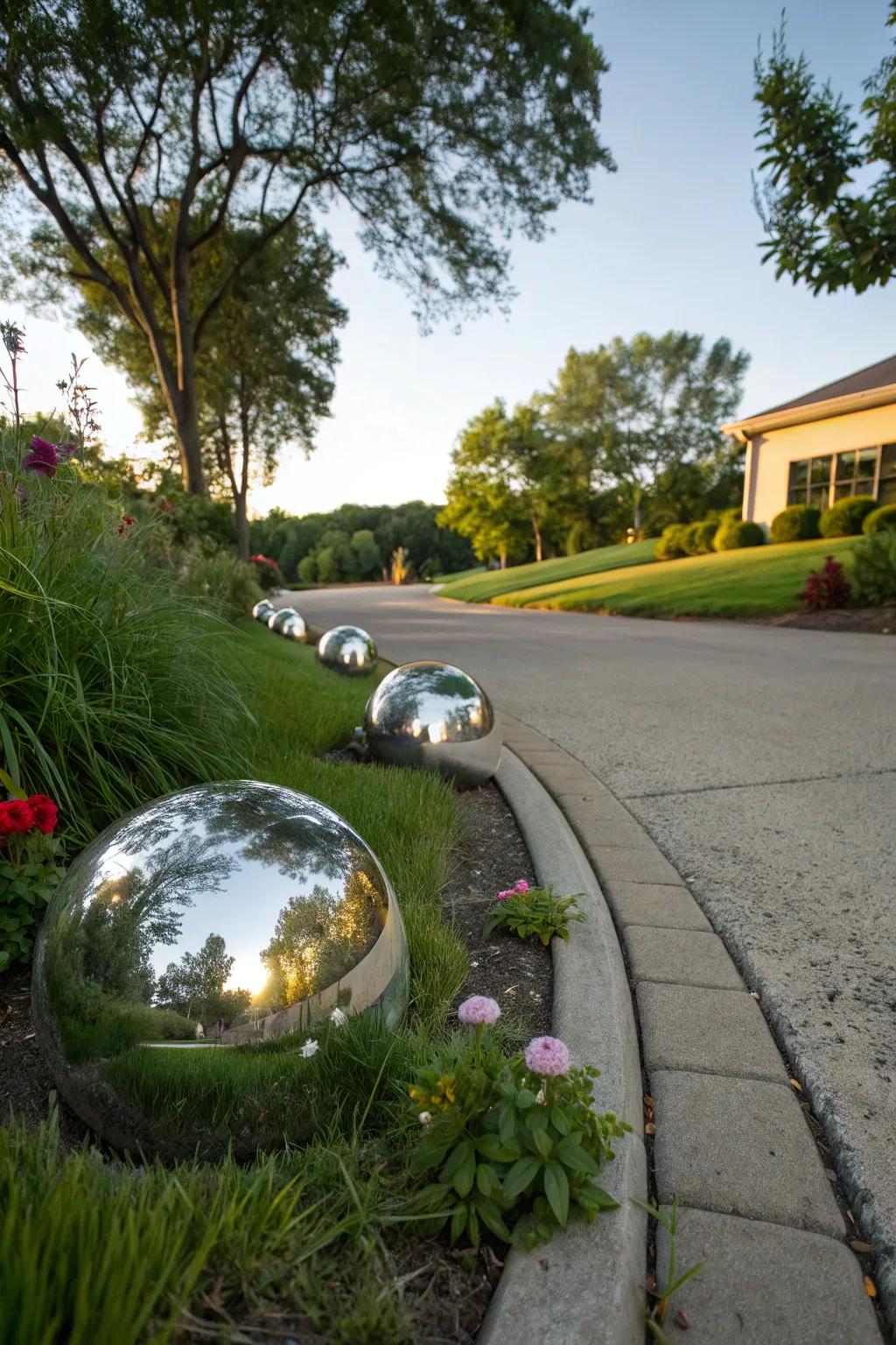 Mirrored gazing balls creating an illusion of space and whimsy.