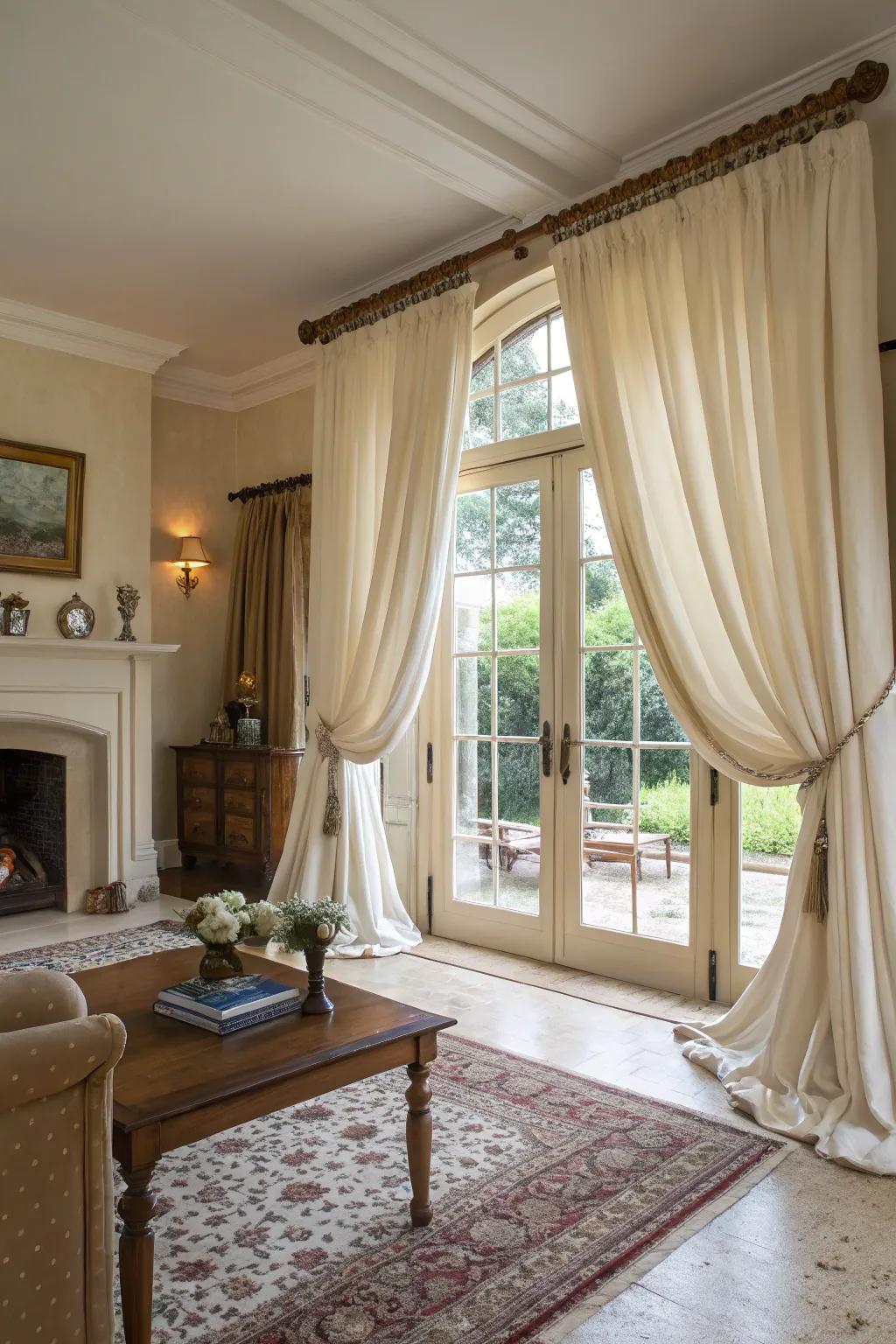 Luxury materials such as silk add a sense of refinement to countryside decor.