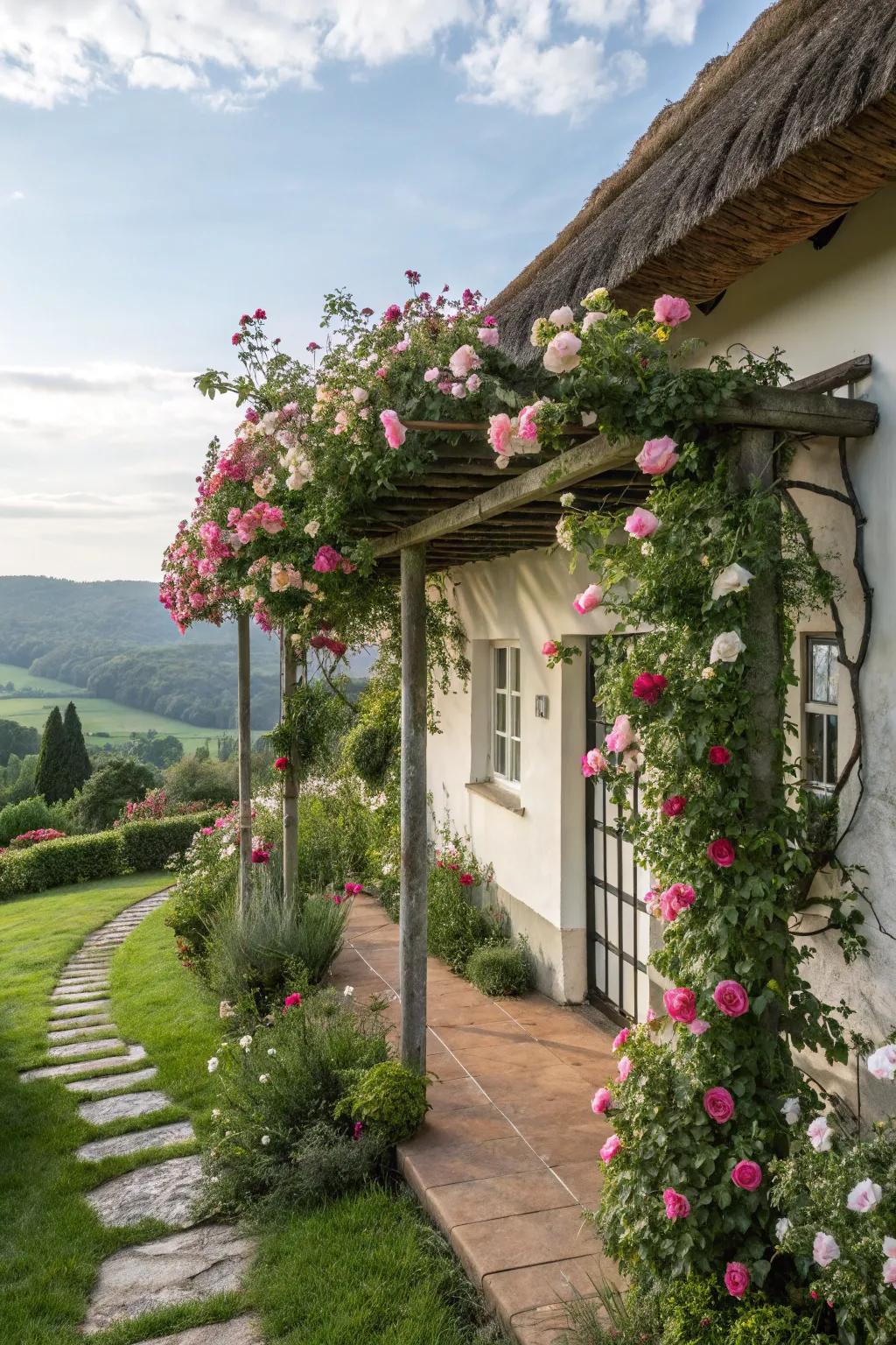A covered walkway or climbing frame introduces romance and shade to a cottage facade.