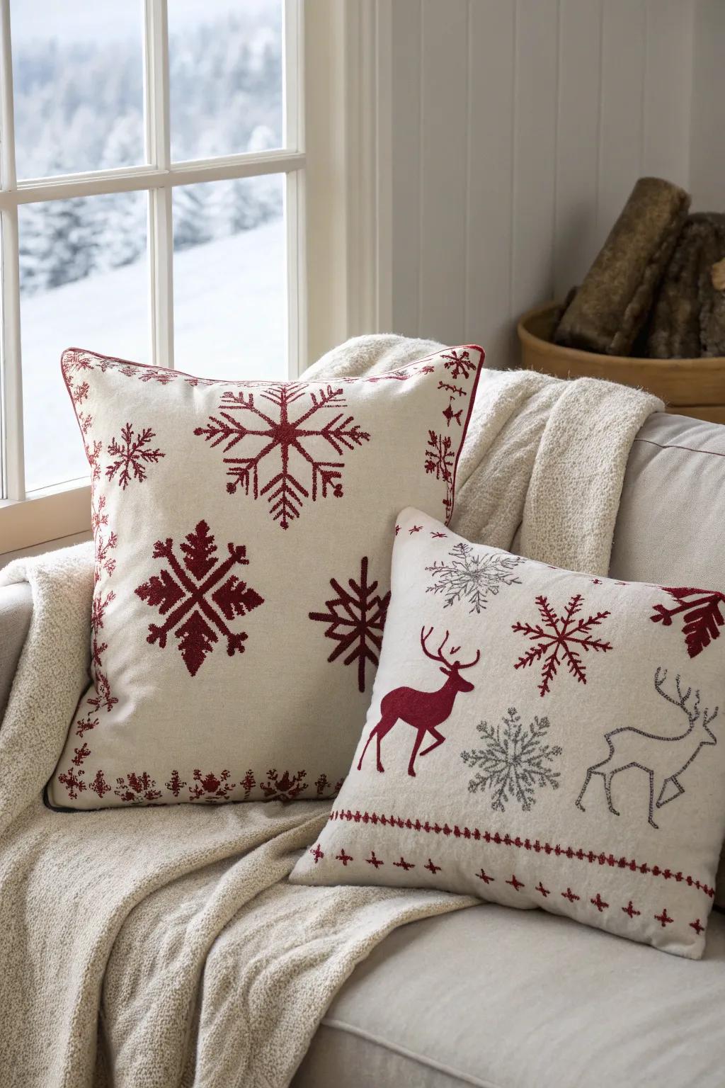 Themed pillows contribute festive allure to the space.
