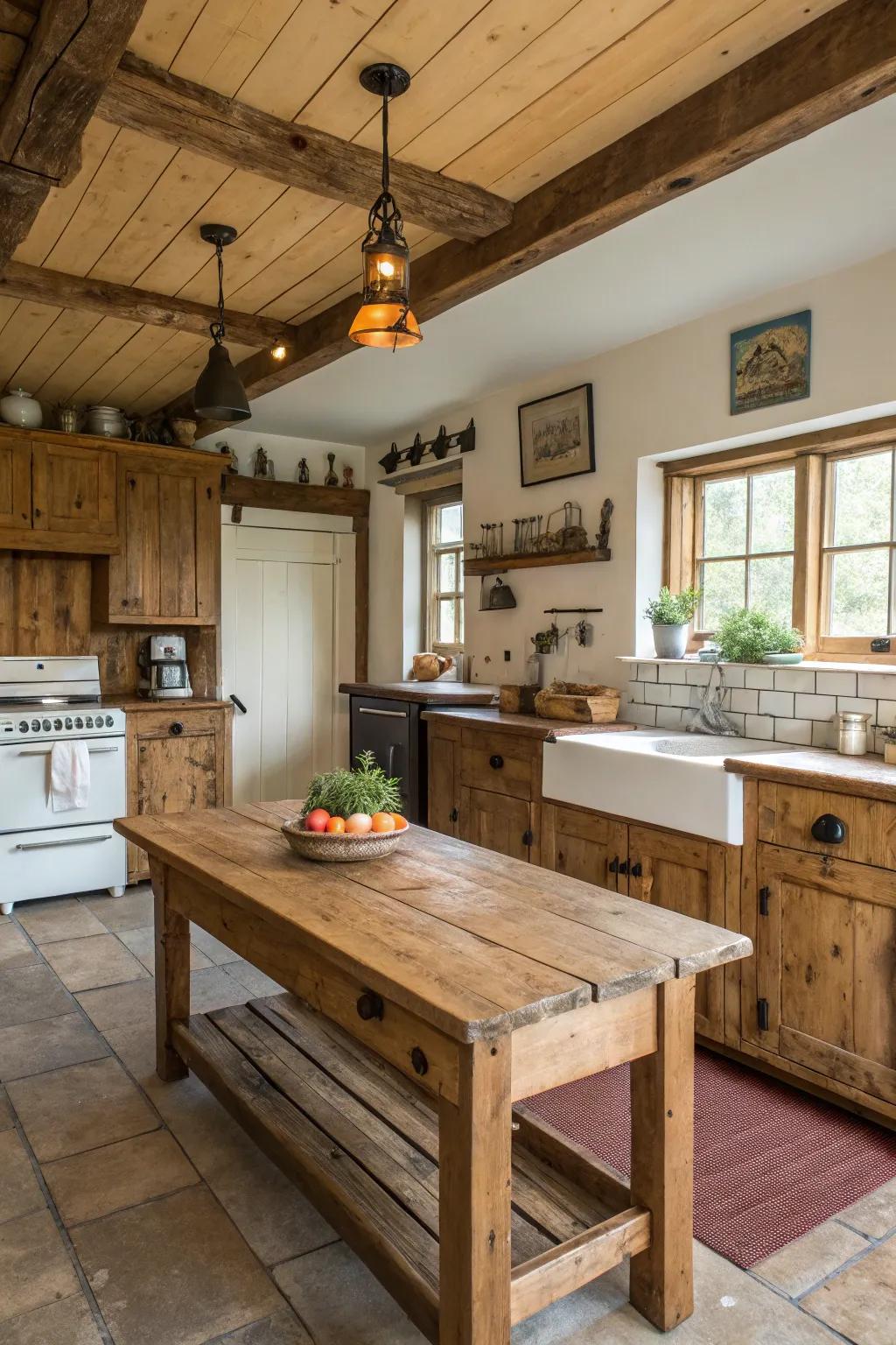 Charming rustic wood end treatments that introduce warmth to the kitchen.