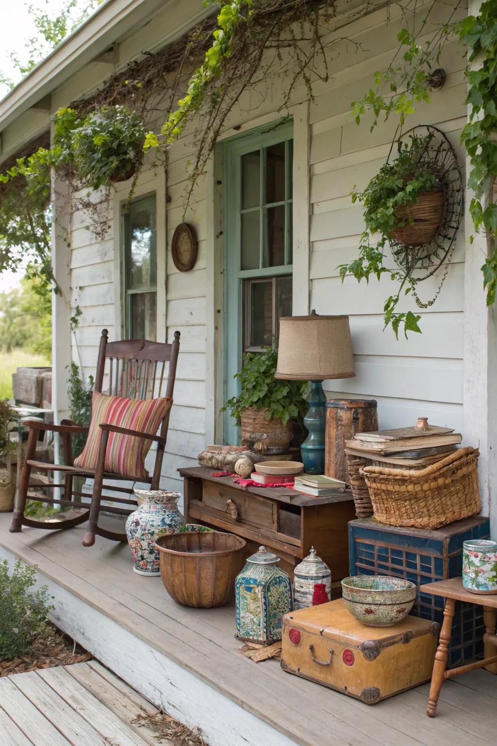 Vintage treasures from yard sales bring charm to this porch.