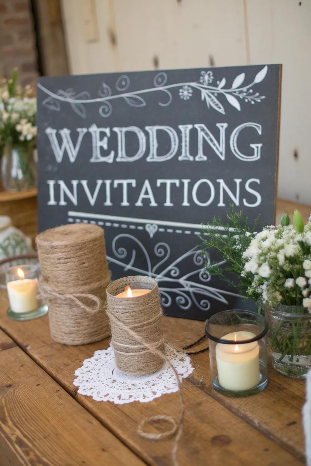 Countryside wedding invitations showcasing a charming chalkboard theme.