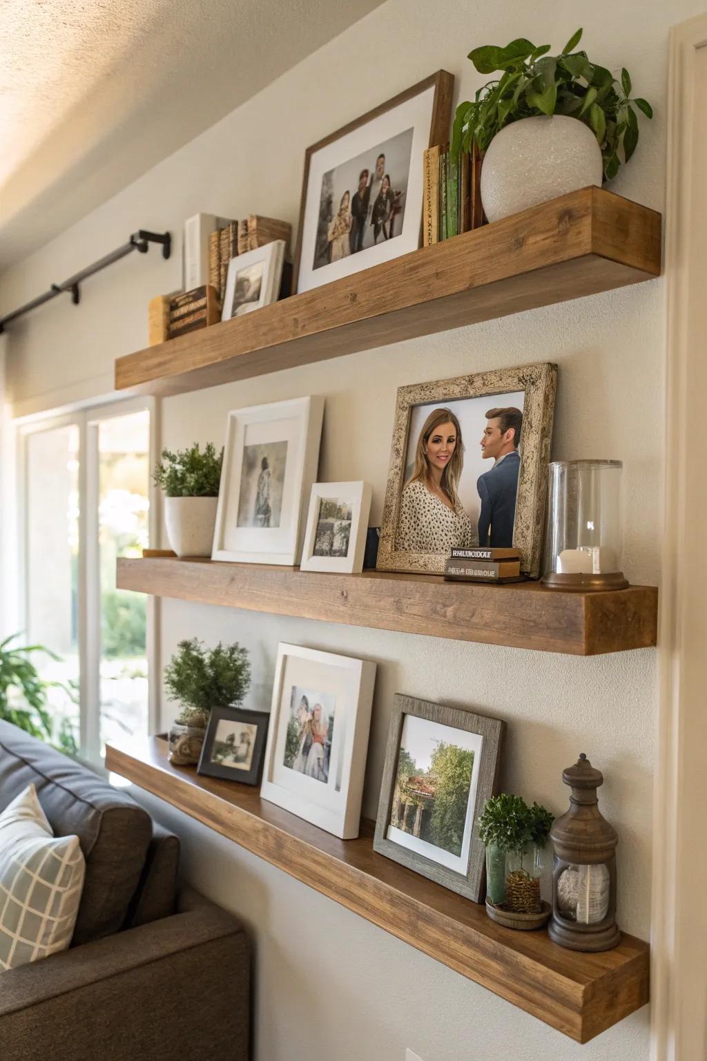 Floating ledges offer versatility and flair for your photo wall.