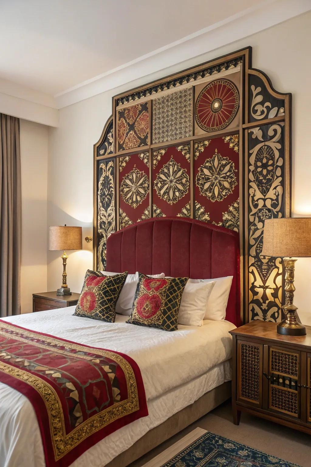 A showpiece headboard as the space's centerpiece