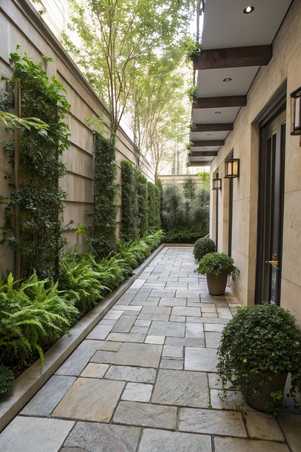 Utilize vertical planting to inject seclusion and greenery into your courtyard.