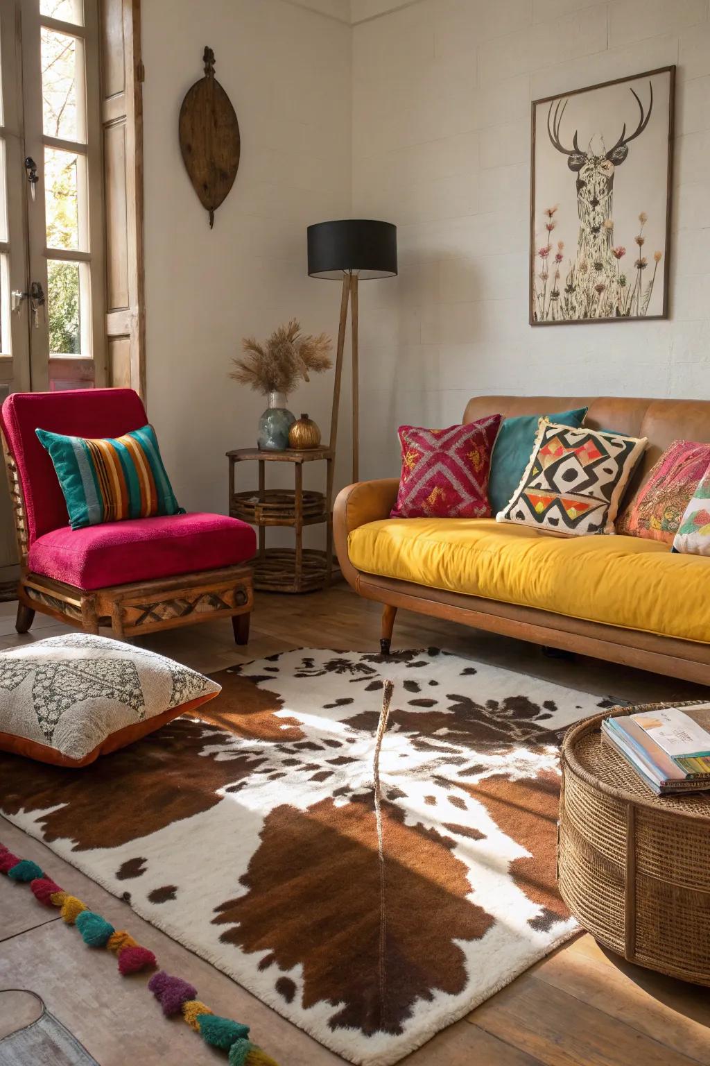 A room with a diverse color palette complemented by animal hide decor.